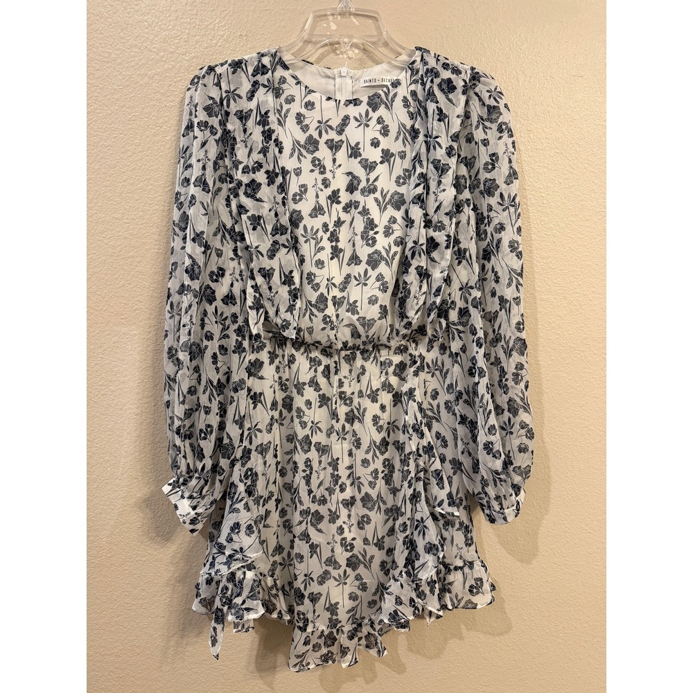Saints + Secrets Floral Mini Dress White Navy Blue Long Sleeve Ruffle Hem Small